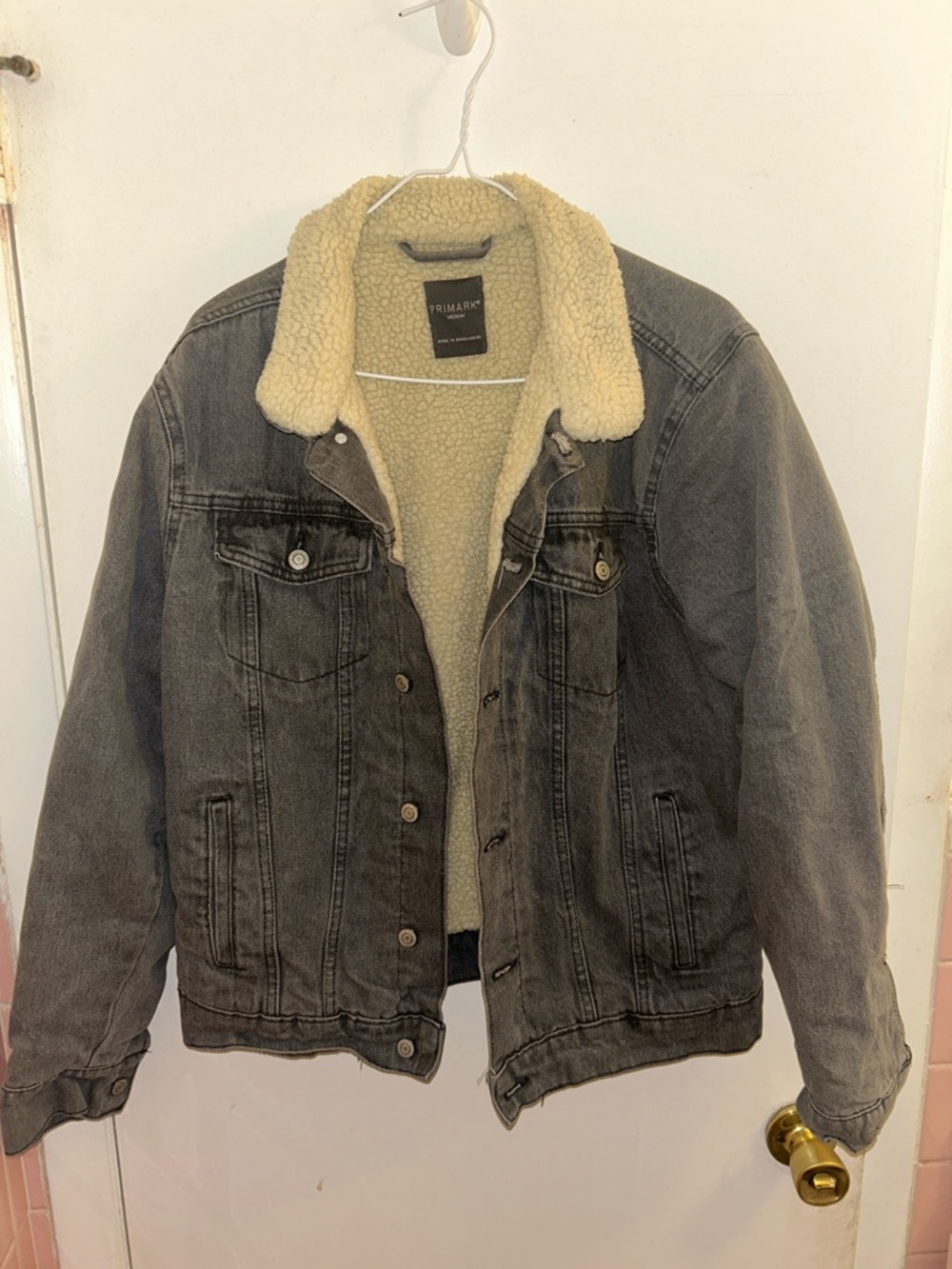 Primark Charcoal Grey Sherpa-Lined Denim Jacket with Cream Collar